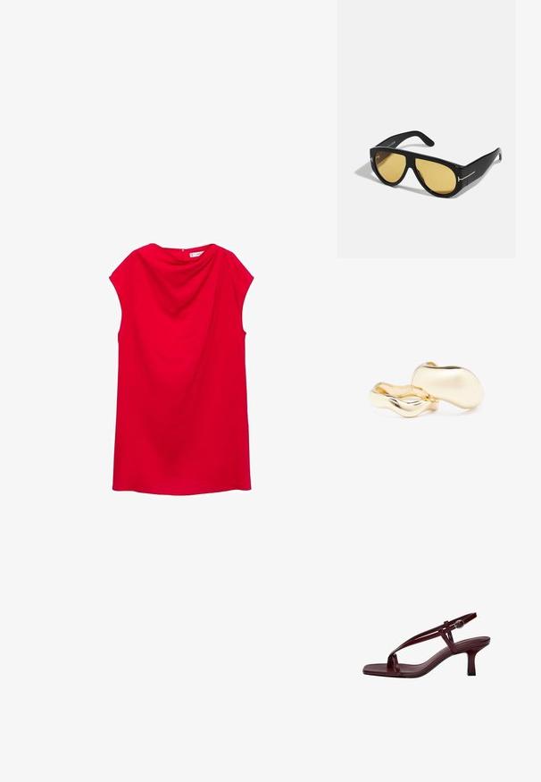 Punainen hihaton mekko, jossa on roikkoreuna ja pehmeä kangas. Ominaisuuksiin kuuluu suora leikkaus ja takakappaleen sulkeminen ilman näkyviä koristuksia.; Burgundy korkokenkin, jossa on neliönmuotoinen kärki, hoikat remmit ja nilkkasolki. Liukas nahkapinta ja hoikka, block-korko.; Mustat aurinkolasit, joissa on geometrinen kehys, keltaiset linssit ja kultaiset yksityiskohdat ohjaimissa. Liukas rakenne, leveä muoto, nykyaikainen muotoilu.; Kultaisten korvakorujen orgaaninen, pavun muotoinen muotoilu ja sileä, heijastava pinta; sisältää minimalistisen suunnittelun ilman näkyvää mekanismia.