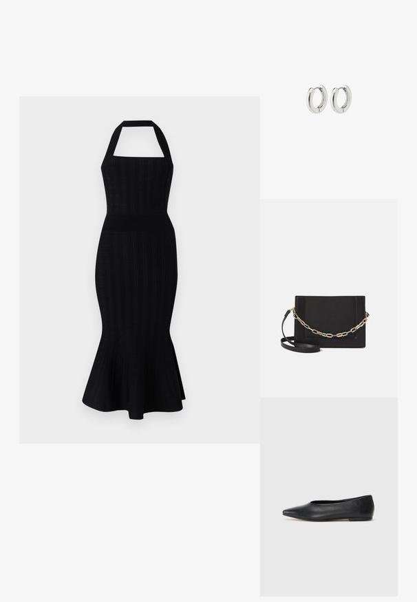 Černé pletené midi šaty s halter výstřihem, přiléhavým trupem, ribbovanou strukturou a rozšířeným lemem. Žádné viditelné vzory ani akcenty.; Černé kožené baleríny, špičatá špička, minimalistický design, hladký povrch, nízký podpatek, žádné viditelné kovové prvky nebo ozdoby.; Černá kožená crossbody taška s hladkým povrchem, obdélníkovým tvarem a kovovým řetízkem na přední straně. Součástí je nastavitelný popruh.; Stříbrné kruhové náušnice s lesklým povrchem, které mají obdélníkový design a bezproblémové závěsy, vykazující hladký povrch.