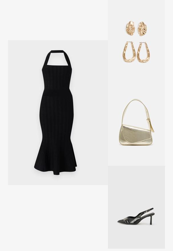 Črna pletena midi obleka z halter izrezom, prilegajočim se telesu, rebrasto teksturo in raščenim robom. Brez vidnih vzorcev ali poudarkov.; Črne patentne usnjene sandale s koničastim nosom, zankami okoli gležnja s srebrnimi sponkami in opremo ter vitkimi petami.; Zlata metalna torbica z urejenim dizajnom, gladko teksturo in nastavljivim trakom. Ima edinstveno trikotno obliko in minimalistično šivanje.; Zlato obarvani uhani z teksturiranimi, valovitimi oblikami. Vključujejo skulpturalne sponke za ušesa in odprto obliko obročka s kladivastim finišem.