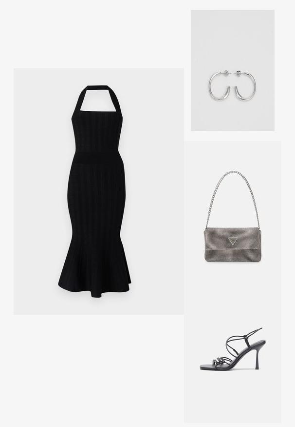 Μαύρο πλεκτό midi φόρεμα με λαιμό halter, εφαρμοστή σιλουέτα, ριγωτή υφή και φαρδιά φούστα. Χωρίς ορατά σχέδια ή λεπτομέρειες.; Μαύρες ψηλοτάκουνες σανδάλες με λεπτές λωρίδες και σχέδιο με κόμπους, λείο τετράγωνο μπροστινό μέρος και κομψό τακούνι στιλέτο.; Ανοικτό γκρι μεταλλική τσάντα χειρός με αλυσίδα, διακοσμημένη με μικρούς κυκλικούς μεταλλικούς στύλους και ένα τριγωνικό λογότυπο της μάρκας.; Ασημένια σκουλαρίκια κρίκοι με λεία, λαμπερή φινίρισμα. Στρογγυλό σχήμα, ελαφρύ σχέδιο, με κλείσιμο τύπου πίσω.