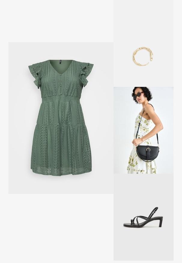 Green lace dress with a V-neck, ruffled sleeves, tiered design, and intricate patterns throughout. Lightweight material with a textured finish.; Black strappy sandal with a square toe and a low block heel. Features multiple thin straps and an adjustable ankle strap. Made of smooth leather.; Black leather handbag with a curved shape, detachable strap, and gold hardware. The bag features a flap with a buckle detail.; Gold-tone ring featuring an organic, twisted design with smooth texture and tapered ends, creating a modern, sculptural appearance.