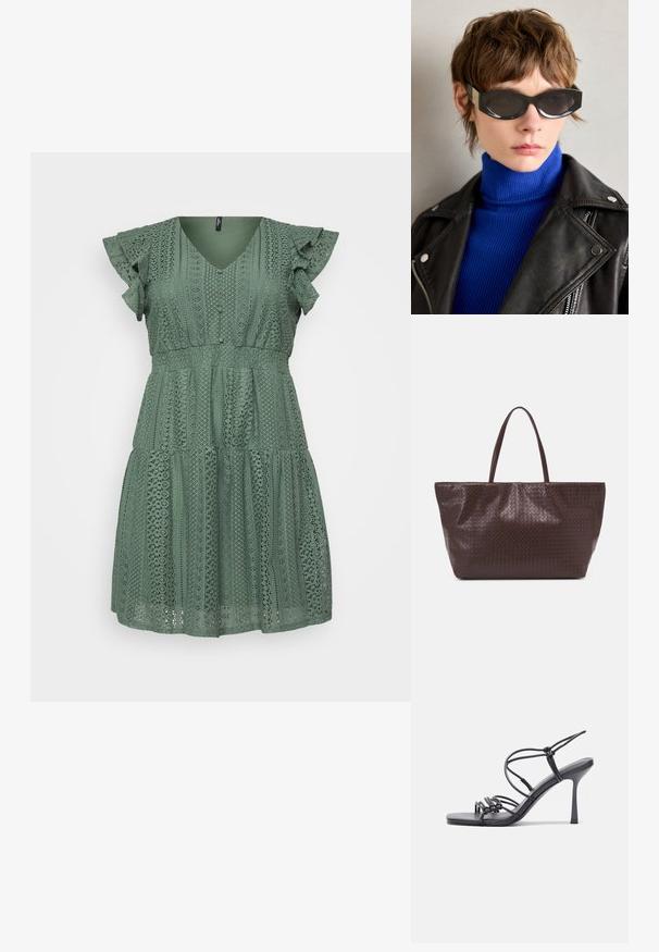 Vihreä pitsimekko, jossa on V-päärme, röyhelösifonki, kerroksellinen muotoilu ja huolellisesti suunnitellut kuviot kauttaaltaan. Kevyt materiaali, jossa on teksturoitu pinta.; Mustat korkokengät sandaalit, joissa on ohuet hihnat solmittuna, sileä neliön muotoinen varvasosa ja tyylikäs stiletto-korko.; Mustat aurinkolasit pyöreillä reunoilla ja sävytetyillä linsseillä. Varustettu kultaisilla yksityiskohdilla temppeleissä. Yhdistetty siniseen röyhelöiseen poolopaitaan ja nahkatakkiin.; Ruskea kudottu nahkainen kassi, jossa on kaksi kahvaa, jämäkkä muoto ja teksturoitu pinta, johon on kuvioitu timanttimalli.; Hopeita rengas korvakoru, jossa on solmumuotoilu, sileä pinta ja kiillotettu rakenne. Tiivis, minimalistinen tyyli, joka sopii eri tilaisuuksiin.