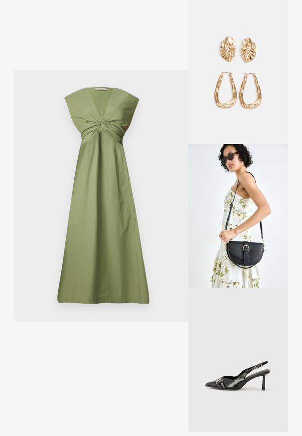 Olijfgroene katoenen jurk met een gedraaide knoopdetail aan de voorkant, brede mouwen en een vloeiende A-lijn silhouet. Gladde textuur. Minimalistisch ontwerp.; Zwarte gepolijste leren slingback schoenen met een puntige neus, enkelbandjes met zilveren gespen en hardware, en een slanke hak.; Zwarte leren handtas met een gebogen vorm, afneembare schouderband en gouden hardware. De tas heeft een klep met een gespsluiting.; Gouden oorbellen met een getextureerd, golvend ontwerp. Bevat sculpturale clip-on studs en een open ringontwerp met een gehamerd oppervlak.
