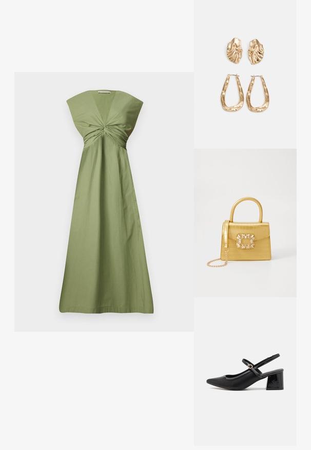 Olivengrünes Baumwollkleid mit einem verdrehten Knotendetail an der Vorderseite, weiten Ärmeln und fließender A-Linie Silhouette. Glatte Textur. Minimalistisches Design.; Schwarze Lackleder-Slingback-Absätze mit spitzer Zehenform, einem runden Ausschnitt-Design und einem Blockabsatz. Mit einem goldfarbenen Schnallenakzent.; Gelbe Kunstleder-Handtasche im Krokodil-Look mit strukturiertem Design, Obergriff, abnehmbarem Kettenriemen und dekorativer Kristallverzierung am Verschluss.; Ohrringe in Goldoptik mit strukturierten, gewellten Formen. Beinhaltet skulpturale Clip-Ohrringe und ein offenes Hoop-Design mit gehämmertem Finish.