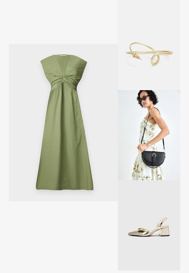 Abito in cotone verde oliva con dettaglio a nodo attorcigliato davanti, maniche ampie e silhouette A-line fluida. Texture liscia. Design minimalista.; Tacchi slingback metallici color oro con punta appuntita e tacco grosso. Texture liscia, design minimalista e una cinghia stretta.; Borsa a tracolla nera in pelle con una forma curva, manico rimovibile e accessori dorati. La borsa presenta una patta con un dettaglio a fibbia.; Bracciale in metallo color oro con un design fluido e curvilineo. Presenta un piccolo e prominente accento color argento a un'estremità.