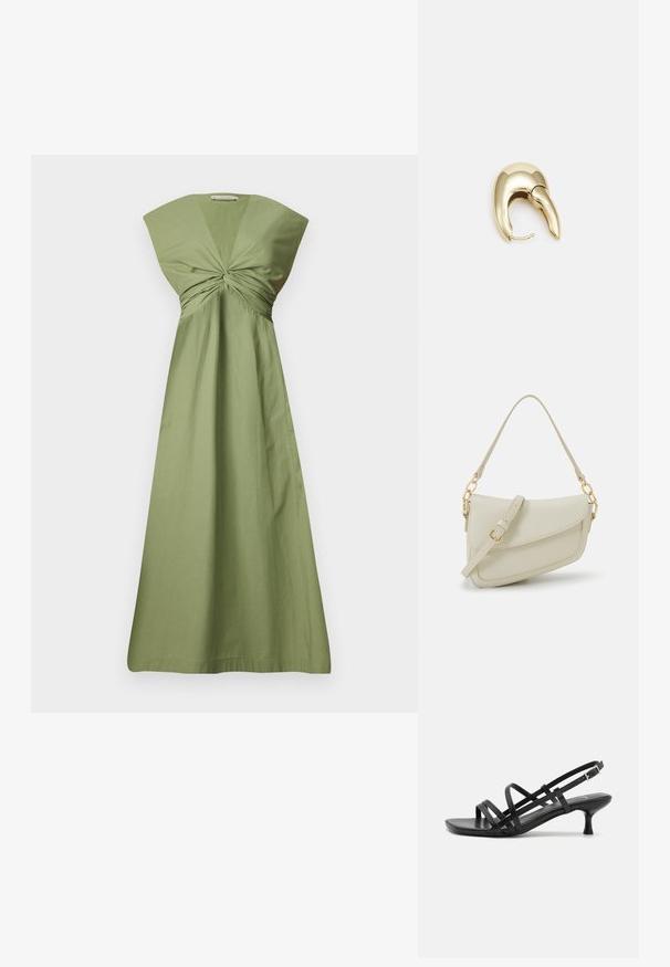 Olivenfarget bomullsjakke med vridd knute detalj foran, vide ermer og flytende A-linje silhuett. Glatt tekstur. Minimalistisk design.; Svarte hæl sandaler med flere krysset remmer. Glatt materiale, spiss tå og smal hæl. Justerbar ankelrem med spenne.; Liten kremfarget håndveske med teksturert overflate, lang justerbar stropp, kjedeakenter og klaffelukking. Detaljer i gullfarge.; Gullfarget metalløredobber med et elegant, buet design. Har en karakteristisk spiss form, polert overflate og hengsel-lukking.