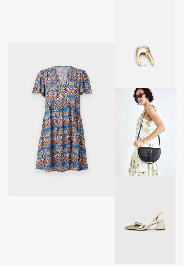 Šaty s krátkym rukávom v pestrofarebnom kvetinovom vzore so modrými, červenými a béžovými odtieňmi, s výstrihom do V a tiered sukňou.; Zlaté kovové lodičky na podpätku so špicatou špičkou a robustným podpätkom. Hladký povrch, minimalistický dizajn a úzka remienok.; Čierna kožená kabelka s zaobleným tvarom, odnímateľným popruhom a zlatými doplnkami. Kabelka má klopu s detailom s prackou.; Náušnice z kovu v zlatej farbe s elegantným, zakriveným dizajnom. Majú charakteristický špicatý tvar, leštený povrch a uzáver na pánt.