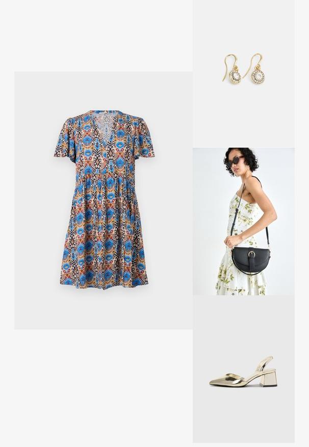 Trumpas rankovės suknelė spalvingu gėlių raštu, kurioje vyrauja mėlyna, raudona ir rusva spalvos, su V formos iškirpte ir sluoksniuota sijono konstrukcija.; Auksiniai, metaliniai slingback aukštakulniai bateliai su smailiu pirštu ir masyviu kulnu. Lygus paviršius, minimalizmo dizainas ir siaura juostelė.; Juodas odinis krepšys su išlenkta forma, nuimamu dirželiu ir auksiniais detalėmis. Krepšys turi kilpą su sagtimi.; Aukso spalvos auskarai su ovalo formos skaidriais kristalais, apjuostais mažesniais skaidriais akmenukais, su kabliuko dizainu, užtikrinančiu saugų dėvėjimą.