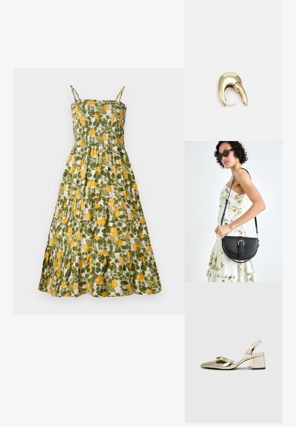 Cvjetna haljina s smučenim bodicem, uzorkom limuna u zelenoj i žutoj boji, trakama na ramenima i slojevitom suknjom s volanima.; Zlatni metalik slingback sandali s šiljatim vrhom i debelim potpeticama. Glatka tekstura, minimalistički dizajn i uski remen.; Crna kožna torba s lukovitim oblikom, odvojivim remenom i zlatnim detaljima. Torba ima preklop s kopčom.; Zlatne metalne naušnice s elegantnim, zakrivljenim dizajnom. Imaju karakterističan šiljast oblik, poliranu površinu i zatvaranje na šarku.