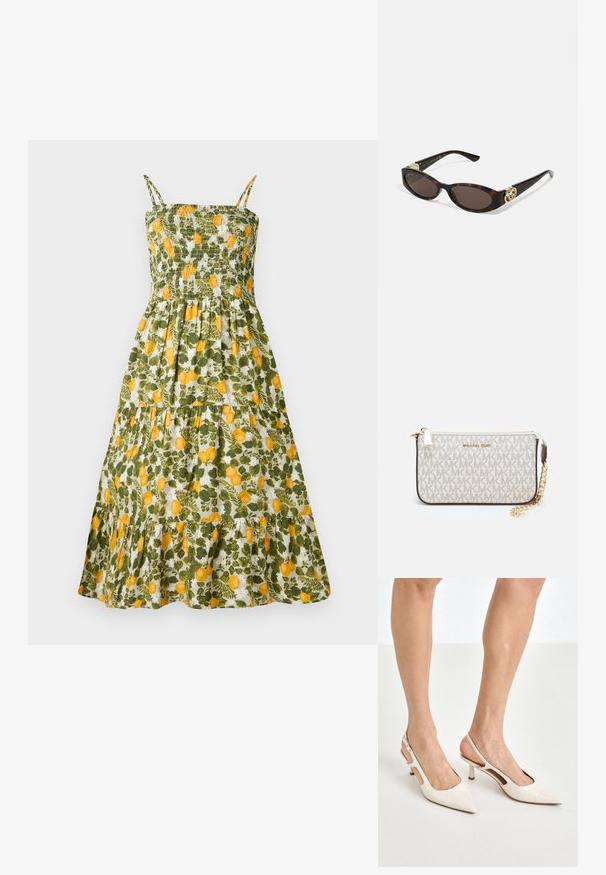 Rochie florală cu un corp elastic, imprimeu cu lămâi verzi și galbene, bretele subțiri și fustă în straturi cu margine volan.; Cizme slingback din piele vopsită bej, cu vârf ascuțit și toc de 5 cm, având laterale decupate și o curea subțire la gleznă.; Ochelari de soare din țiglă cu lentile ovale alungite, nuanță maro, accente cu logo auriu pe brațele laterale și brațe negre elegante.; Clutch Michael Kors din canva acoperit bej, cu un model repetitiv al logo-ului MK, accesorii din aur și o curea cu lanț detașabil.