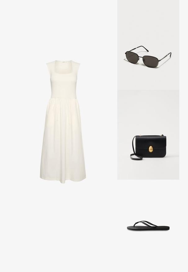 Vit klänning med fyrkantig halsringning, ribbat liv och ett flödande kjol. Tillverkad av lättviktsmaterial med en slät textur.; Svart flip-flop med en texturerad gummisula, två slanka remmar och en subtil, präglad logodetalj på remmen.; Svarta metallsolglasögon med oval form, mörka linser, smala skalmar och en subtil logotyp på vänster lins. Elegant och minimalistisk design.; Svart läderhandväska med en strukturerad rektangulär form. Har ett gyllene ovalt lås och ett tunt axelband. Slät textur.