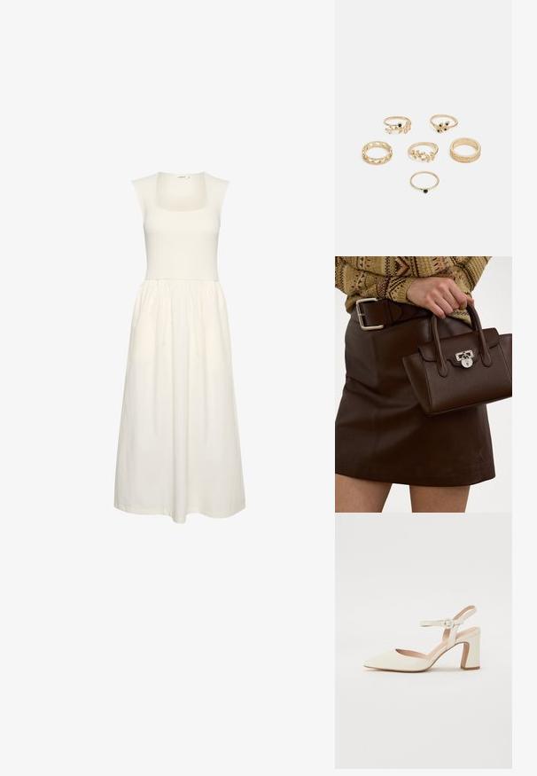 Hvid kjole med firkantet U-hals, ribbet bærestykke og en floded skørt. Lavet af letvægtsstof med en glat tekstur.; Spidsede, cremefarvede pumps med en blokhælhæl. Udstyret med en tynd ankelrem med en rund spænde og en glat læderoverflade.; Brun læderhåndtaske med en struktureret overflade og sølvhardware, holdt i hånden ved siden af en brun lædernederdel og en mønstret sweater.; Sæt af seks guldringe med forskellige designs: fletninger, bladmotiv og solide bånd; nogle med grønne ædelstensdetaljer.