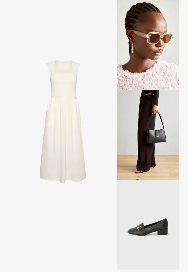 Bela obleka z kvadratnim izrezom, rebrastim bodicem in tekočim krilom. Narejena iz lahkotnega materiala z gladko teksturo.; Črne usnjene loafersice s ravnim petkom, ki imajo dekorativen zlat detajl spredaj in gladko teksturo.; Bežna oversized sončna očala s prozornim okvirjem in rjavimi lečami, ki imajo subtilne cvetlične poudarke in drzen, geometrijski dizajn.; Črna torbica z strukturirano obliko, gladko teksturo in kovinskim zaponko. Ujemajo se z širokimi črnimi hlačami in odprtimi sandali na lesenem tleh.