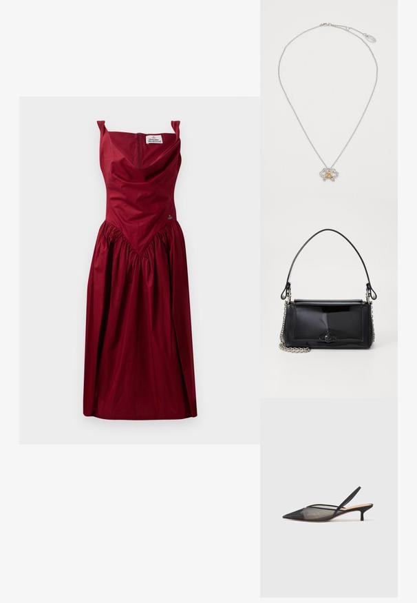Burgundská šaty s přiléhavým korzetem a nabranou sukní. Mají ramínka bez ramenní, zadní zip a dekorativní výšivku.; NEOUS IRENA - Klasické lodičky - black; Černá lakovaná kožená kabelka obdélníkového tvaru, řetízkový popruh a výrazné kovové zdobení uprostřed. Hladká textura.; Stříbrný řetízek s přívěskem motýla, zdobeným průhlednými krystaly a zlatým detailem uprostřed. Nastavitelný zapínací mechanismus na zadní straně.