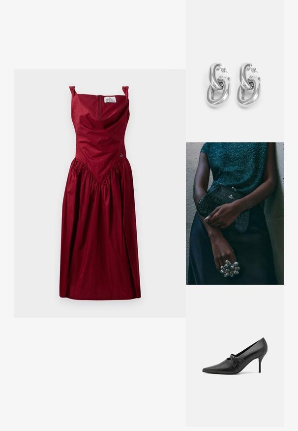 Burgundy dress with a fitted bodice and gathered skirt. Features off-shoulder straps, a back zipper, and a decorative embroidery detail.; GIABORGHINI ARTEMIS - Classic heels - black; Black crocodile-patterned clutch bag with silver hardware, held against a textured gray background. Features a shiny surface.; Rabanne XL LINK DOUBLE HOOP EARRING - Earrings - silver-coloured