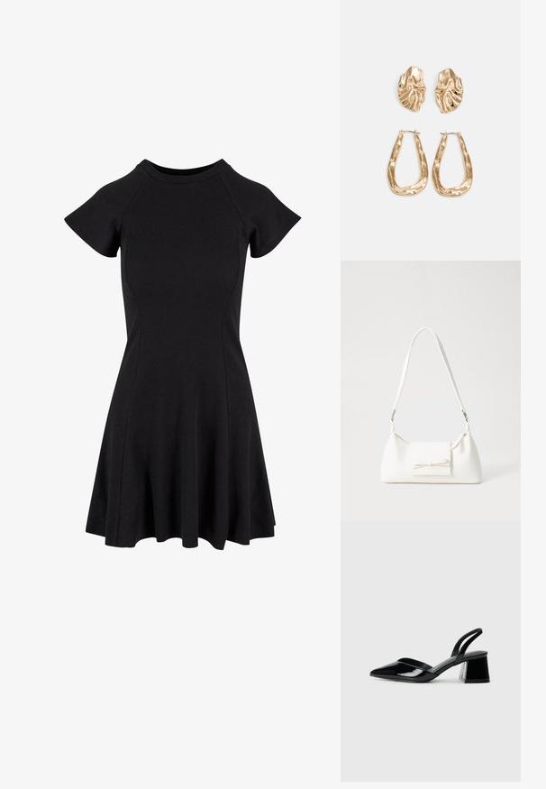 Fekete, rövid ujjú ruha, testhez simuló felső résszel és bővülő szoknyával, sima, rugalmas anyagból készült. Egyszerű dizájn, minta vagy díszítés nélkül.; Fekete lakk bőr szandálkés magas sarkú cipő, hegyes orral és geometrikus tömbsarkakkal. Karcsú, minimalista dizájn és sima textúra jellemzi.; Fehér szintetikus kézitáska, háromszög alakú, lapos előlap, masni részlettel, állítható pánttal, sima textúrával és minimalista dizájnnal.; Aranyszínű fülbevalók, texturált, hullámos formákkal. Tartalmazza a szobrászati klipszes studokat és az open hoop kialakítást, kalapácsos felülettel.