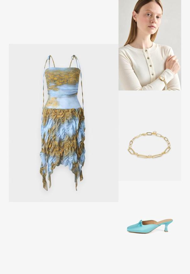 AVAVAV SMOCK DRESS - Robe de soirée - blue/yellow; Mules satin aqua avec un bout carré, détail de nœud accentué et un petit talon épais. Texture lisse et design minimaliste.; Haut à manches longues côtelé crème avec un plastron à cinq boutons. Le modèle porte une montre dorée avec un cadran carré et un bracelet en maillons.; Bracelet en chaîne dorée avec des maillons allongés, des accents de gemmes claires et un fermoir à ressort, avec une finition lisse et polie.