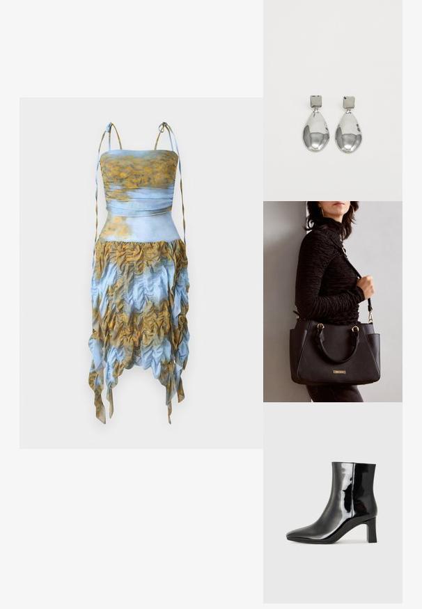 AVAVAV SMOCK DRESS - Kokteilinė suknelė / vakarėlių suknelė - blue/yellow; Juodos lakuotos odinės aulinukės su smailiu pirštu ir vidutinio aukščio blokuotu kulnu. Lygus paviršius ir minimalistinis dizainas.; Juodas rankinės maišelis su struktūrizuota paviršiumi, dvigubais viršutiniais rankenėlėmis ir reguliuojamu peties diržu. Įrengtas aukso spalvos furnitūra ir šoninės kišenės.; Sidabriniai lašo formos auskarai su kvadrato formos auskaru, turintys lygų, poliruotą paviršių ir ašarėlės formą, atsispindintys šviesoje su blizgiu paviršiumi.