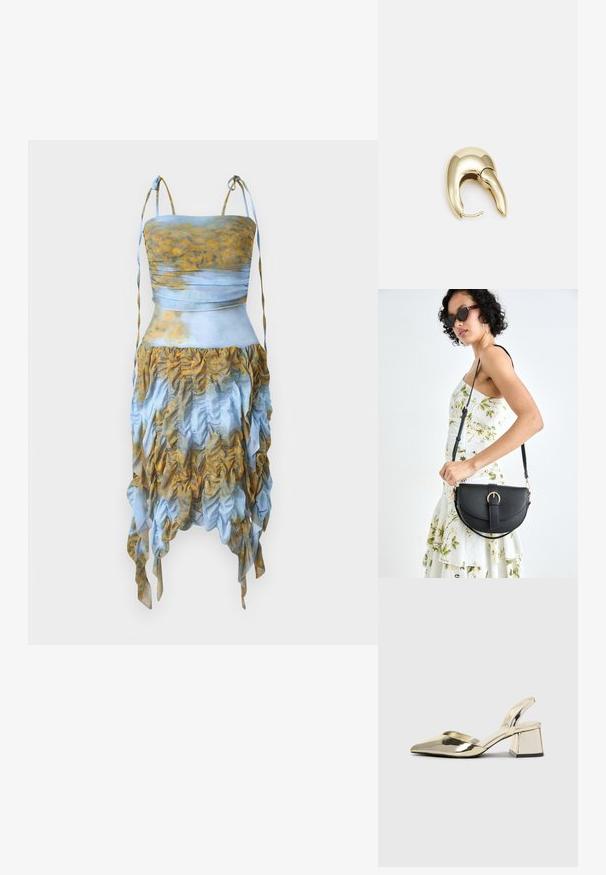 AVAVAV - Sukienka koktajlowa; Złote, metaliczne szpilki z boku z wydłużonym noskiem i grubym obcasem. Gładka faktura, minimalistyczny design i wąski pasek.; Czarna skórzana torebka o zakrzywionym kształcie, z odpinanym paskiem i złotymi akcentami. Torebka posiada klapę z zapięciem w kształcie klamry.; Złote metalowe kolczyki o eleganckim, zakrzywionym kształcie. Posiadają charakterystyczny szpiczasty kształt, polerowaną powierzchnię oraz zapięcie na zawias.