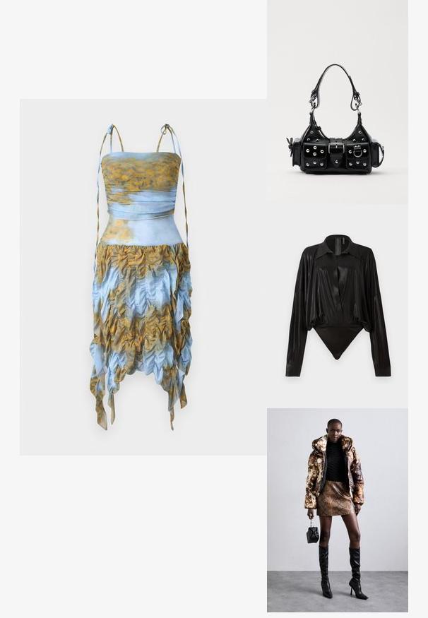 AVAVAV SMOCK DRESS - Rochie cocktail/Rochie petrecere - blue/yellow; Body negru cu mâneci lungi, decolteu în V și o siluetă ajustată. Fabricat dintr-un material lucios și neted, cu guler structurat și manșete.; Jachetă puffer cu un model maro și negru, asortată cu o fustă mini din piele de șarpe maro, cizme negre până la genunchi și o geantă mică neagră.; Geantă de piele neagră cu un design curbat, dotată cu studuri argintii, o cataramă și două buzunare laterale. Curea ajustabilă pentru opțiuni de transport.