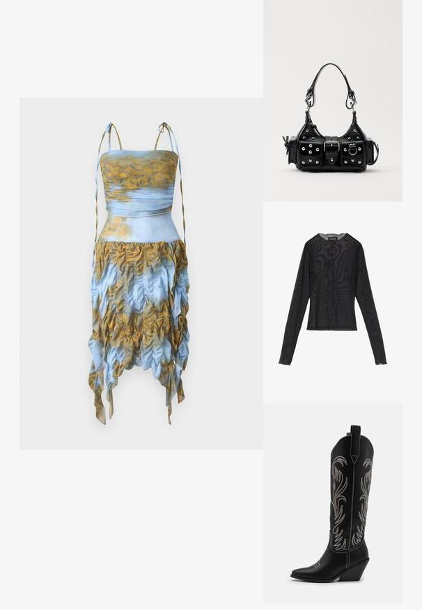 AVAVAV SMOCK DRESS - Robe de soirée - blue/yellow; Top noir à manches longues en tissu transparent, avec un col rond, une fermeture à boutons sur le devant et des bords festonnés aux poignets.; Bottes de cowboy noires en cuir avec des pointes effilées, des talons compensés et des motifs floraux brodés en argent le long du tige. Couture contrastante sur l'ensemble.; Sac à main en cuir noir au design courbé, avec des clous en argent, une boucle et deux poches latérales. Bandoulière réglable pour différentes options de transport.