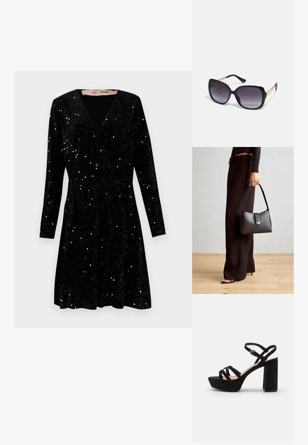 Μαύρο βελούδινο φόρεμα με μακριά μανίκια, βαθύ V-ντεκολτέ και διασκορπισμένα ασημένια στρας. Φαρδύ φούστας και συγκεντρωμένη μέση. Λείος υφασμάτινος. ; Μαύρες σουέντ σανδάλες με πλατφόρμα και τετράγωνο τακούνι, με διασταυρούμενες λουρίδες και ρυθμιζόμενο λουρί στον αστράγαλο για ασφαλή εφαρμογή.; Μαύρα υπερμεγέθη γυαλιά ηλίου με κλειστή βαθμίδα φακού, παχιά σκελέτη και λεπτομέρειες από χρυσή αλυσίδα στις βραχίονες του σκελετού.; Μαύρη τσάντα χειρός με δομημένο σχήμα, λεία υφή και μεταλλικό κούμπωμα. Συνδυασμένη με φαρδιά μαύρα παντελόνια και σανδάλια ανοιχτής μύτης πάνω σε ξύλινο πάτωμα.