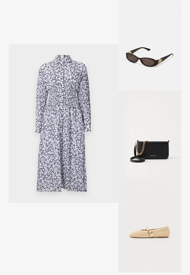Abito stampato floreale in bianco e nero con colletto, maniche lunghe, vita arricciata e gonna fluent.; Ballerine in tessuto beige con punta appuntita, caratterizzate da una fascia decorativa con fibbia e un profilo basso. Texture morbida con un design semplice.; Occhiali da sole tartarugati con lenti ovali allungate, tonalità marrone, accenti dorati con logo sulle tempie e aste nere eleganti.; Clutch in pelle nera con un'accademia in oro, texture liscia e dettagli del logo in oro. Include una tracolla regolabile per versatilità.