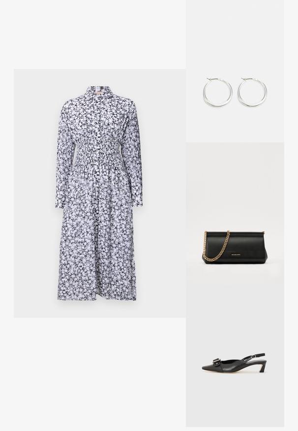 Sort og hvid blomsterprintet kjole med krave, lange ærmer, smocket talje og flydende nederdel. Fremstillet af letvægtsstof.; Sorte læder slingback sko med spidse tæer, lille hæl og dekorativ spænde detalje på overdelen. Glat tekstur, minimalistisk design.; Sort læder clutch taske med en guldkæde strop, der har en glat tekstur, rektangulær form og præget branding på forsiden.; Sølv hoops øreringe har et glat, afrundet design med en slank profil og sikker spænde. Minimalistisk stil med en poleret finish.