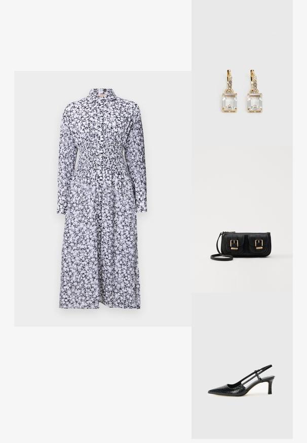 Čiernobiele kvetinové šaty s golierom, dlhými rukávmi, smaragdovým pásom a splývavou sukňou. Vyrobené z ľahkej látky.; Čierne patentové slingback topánky na ihlovom podpätku s špicatou špičkou, s textúrovaným hadím vzorom, nastaviteľným popruhom a krátkym, textúrovaným blokovým podpätkom.; Čierna kožená crossbody taška s dvoma prednými vreckami, zlatými sponami, zipsovým uzatváraním a úzkym popruhom. Štruktúrovaný povrch a kompaktný obdĺžnikový tvar.; Náušnice v zlatej farbe, ktoré majú obdĺžnikový, transparentný kryštál visiaci pod radom malých, guľatých, čírych akcentov. Elegantný, moderný dizajn.