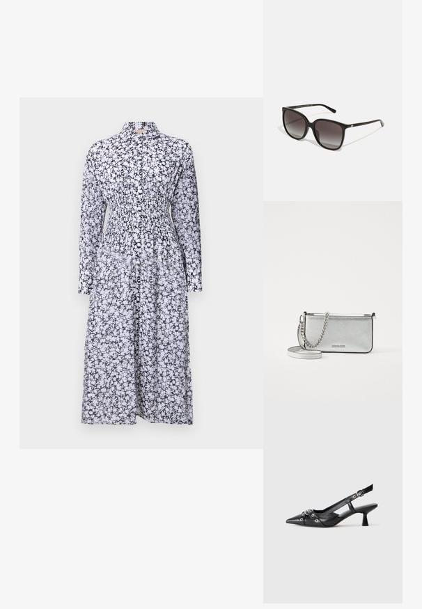 Sort og hvid blomsterprintet kjole med krave, lange ærmer, smocket talje og flydende nederdel. Fremstillet af letvægtsstof.; Sort lædersandal med spids tå, dekorative stropper med metaløjer og en lav blokhæl. Struktureret overflade.; Sorte rektangulære solbriller med gradientlinser, plastisk ramme og metallisk logoaccent på stangen. Klassisk design med glat overflade.; Sølv læder crossbody taske med en tekstureret overflade, kæde- og remdetaljer samt lynlåslukning. Har et logo på forsiden.