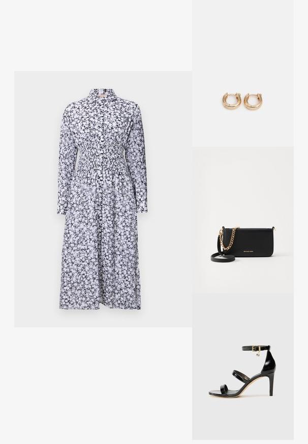 Sukienka w czarno-białe kwiatowe wzory z kołnierzykiem, długimi rękawami, marszczonym talią i zwiewnym dołem. Wykonana z lekkiego materiału.; Czarne lakierowane sandały na paski z trzema paskami, zapięciem na kostce i 10-centymetrowym obcasem w szpilce. Zawierają złote detale oraz zawieszkę z logo.; Czarna skórzana kopertówka z złotym akcentem w postaci łańcucha, gładka faktura i złote detale z logo. Zawiera regulowany pasek dla większej wszechstronności.; Złote kolczyki w kształcie obręczy z wypolerowanym wykończeniem, charakteryzujące się grubym, okrągłym wzorem i bezpiecznym zapięciem. Gładka faktura i błyszczący wygląd.