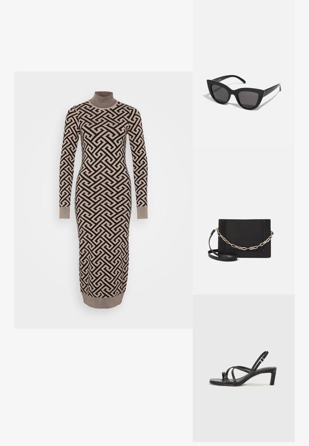 Ilgas, prigludęs suknelė smėlio ir juodos geometrinės raštos, su raštuotu golfo apykakle ir rankogaliais, pagaminta iš megztos, tekstūruotos medžiagos.; Juodi šlepetės su kvadratiniu pirštu ir žemu bloku kulnu. Yra keli ploni dirželiai ir reguliuojamas kulkšnies diržas. Pagaminti iš lygios odos.; Juodos katės akies akinių nuo saulės su matinio paviršiaus danga, turinčiais pilkai tonuotus lęšius, aštriomis linijomis ir elegantiškomis šoninėmis kojelėmis. Prekės ženklas matomas vidinėje kojelėje.; Juodas odinis per petį nešiojamas krepšys turi lygų paviršių, stačiakampio formą ir metalinę grandinėlę priekyje. Pridedama reguliuojama dirželis.