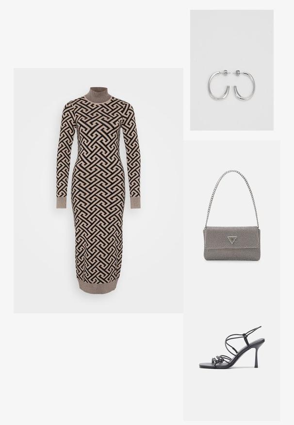 Vestido longo, ajustado, em padrão geométrico bege e preto, com gola alta canelada e punhos, feito de um tecido de malha texturizado.; As sandálias de salto alto pretas apresentam tiras finas com um design em nó, uma biqueira quadrada lisa e um elegante salto agulha.; Bolsa metálica cinza claro com uma alça de corrente, adornada com pequenos rebites metálicos circulares e um logótipo triangular da marca.; Brincos de argola prateados com um acabamento suave e brilhante. Forma arredondada, design leve, com fecho de pino.