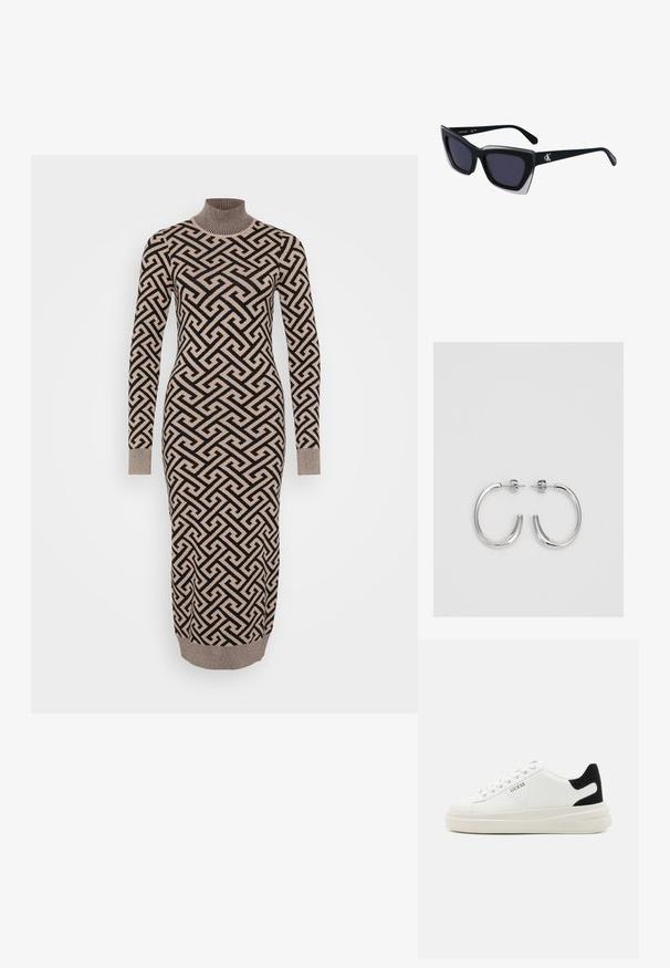 Μακρύ, εφαρμοστό φόρεμα σε μπεζ και μαύρο γεωμετρικό σχέδιο, με ραμμένο ψηλό γιακά και μανσέτες, κατασκευασμένο από πλεκτό, υφή υλικό.; Λευκά δερμάτινα αθλητικά παπούτσια με χοντρή λευκή σόλα, μαύρη σουέτ λεπτομέρεια στην φτέρνα και ανάγλυφο λογότυπο στο πλάι. Σχέδιο με κορδόνια και έξι θηλιές.; Μαύρα υπερμεγέθη γυαλιά ηλίου με γεωμετρικό σχήμα, διαθέτοντας σκούρους φακούς και αντίθεση γκρίζα λεπτομέρεια στη σκελετό. Λογότυπο στον βραχίονα.; Ασημένια σκουλαρίκια κρίκοι με λεία, λαμπερή φινίρισμα. Στρογγυλό σχήμα, ελαφρύ σχέδιο, με κλείσιμο τύπου πίσω.