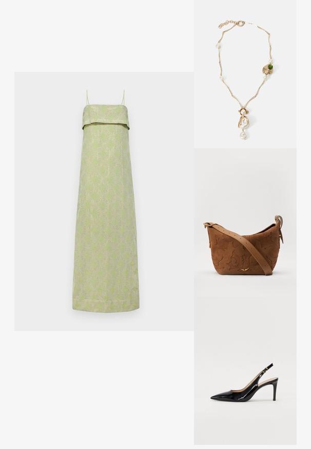 Faithfull the brand BEA MAXI DRESS - Maksi garuma kleita - sage/sand; Melnas lakotās ādas slingback kurpes ar izteiktu degunu, šauru papēdi un smalku izgriezumu dizainu. Siksniņai ir zelta sprādze.; Brūns zamšs plecu soma ar iegravētu ziedu dizainu, papildināta ar gludu brūnu ādas siksnu un zelta toņa detaļām.; Zelta tonis kaklarota ar savirpinātām saistēm, baltām pērlem un zaļa akmens akcentu. Izceļas ar sarežģītām detaļām un aizdari, lai nostiprinātu.