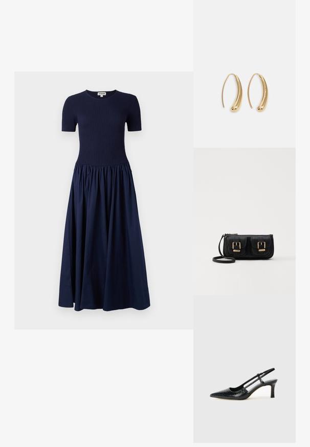 Tumši zila kleita ar ribotu īsām piedurknēm un plūstošu, savilktu svārku. Izgatavota no mīkstas auduma, apvienojot tekstūru un siluetu.; Melna patent āda ar slīdošo papēdi un smailo purngalu, ar teksturētu čūsku drukājumu, regulējamu siksniņu un īsu teksturētu blokpapēdi.; Melnas ādas crossbody soma ar divām priekšējām kabatām, zelta sprādzēm, ar rāvējslēdzēju aizdari un šauru siksnu. Strukturēta virsma un kompakta taisnstūra forma.; Zelta toņu metāla gredzena auskari ar izliektu, pagarinātu formu. Ar gludu, spīdīgu virsma un noapaļotu galu papildu detaļām.