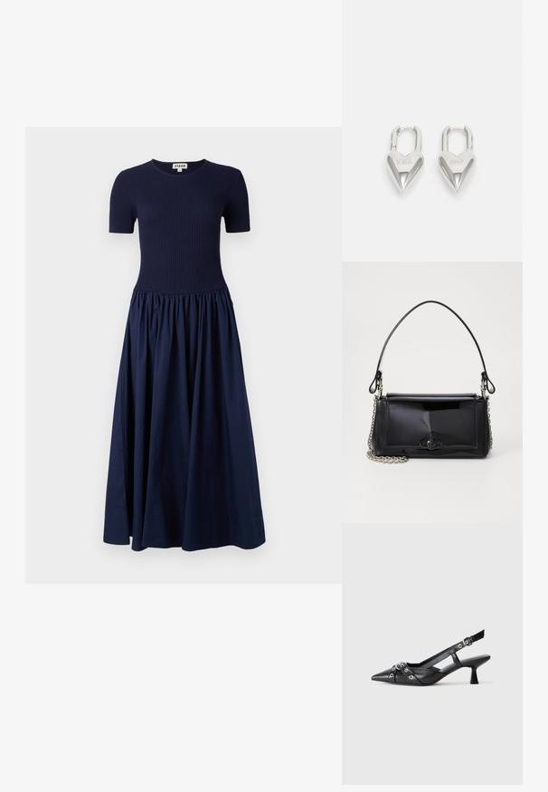 Tamsiai mėlyna suknelė su briaunotu trumpomis rankovėmis viršumi ir laisvai krentančia, raukšlėta sijonu. Pagaminta iš minkštos medžiagos, sujungiančios tekstūrą ir siluetą.; Juodas odinis slingback tipo batai su smailiu priekiniu atvartu, dekoratyvinėmis sagtimis su metaliniais akyčiais ir žemu blokiniu kulnu. Saldus paviršius.; Juodas lakinės odos rankinės ilgis stačiakampis, su grandinėlės dirželiu ir išskirtiniu metaliniu akcentu centre. Lygus paviršius.; Sidabrinės širdelės formos užraktai su išgraviruotais žodžiais "TAIP" ir "NE", poliruotas paviršius, simetriškas dizainas ir tvirtas metalinis užraktas.