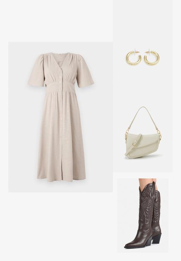 Rochie bej cu nasturi, de tip cămașă, cu decolteu în V, mâneci scurte tip puff, talie elastică și textură plisată; lungime până la genunchi, cu o fustă fluidă.; Bocanci de cowboy din piele maro, cu vârf ascuțit și toc pătrat, având cusături detaliate și accente ridicate pe tijă.; Geantă mică de crem cu un finisaj texturat, curea lungă și ajustabilă, accent cu lanț și închidere cu clapetă. Detalii din hardware aurie.; Cercei cercuri din aur cu un finisaj neted și strălucitor. Design circular cu un mic suport și un spate transparent pentru o purtare sigură.