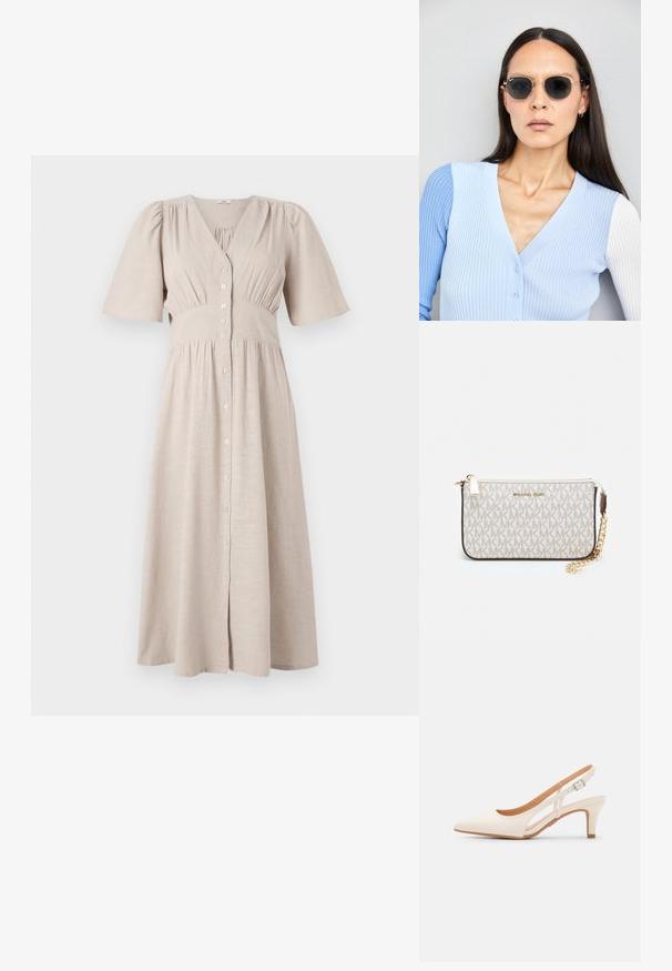 Beige gombos ruha V-nyakkivágással, rövid puffos ujjakkal, rugalmas derékkal és gyűrt textúrával; térd alatt érkező, laza szoknyával.; Fehér slingback sarok, hegyes orral, sima felső anyaggal, alacsony blokk sarkával és oldalsó kivágott dizájnnal, állítható csatpánttal.; Kerek napszemüveg sötét lencsékkel és arany kerettel. A modellen világoskék, bordázott kardigán van gombokkal és kontrasztos fehér ujjaival.; Michael Kors bézs bevonatos vászon karkötő, amely ismétlődő MK logó mintával, aranyszínű fémrészletekkel és levehető lánchordóval rendelkezik.