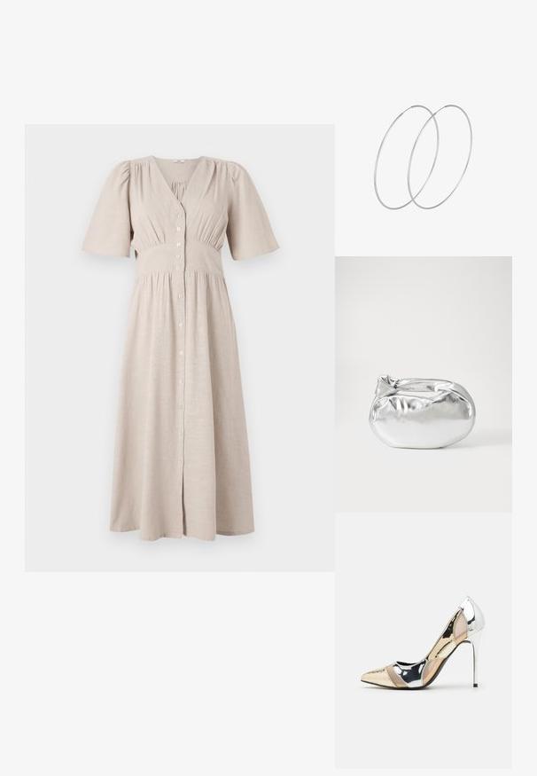 Bež pesukleid, V-kaelusega, lühikeste puhviga varrukatega, elastse vöökoha ja kokkukogutud tekstuuriga; põlvepikkune ja voolava seeliku osaga.; Kitsas toe kõrge kontsaga kingad, millel on hõbedane, kuldne ja nude värvilahendus. Läikiv viimistlus lõikekujundusega, stiletto konts.; Hõbedane metallikoti kott pehme, ümar kuju ja sõlme ülemise sulgemisega. Valmistatud siledast kunstnahast materjalist.; Hõbedased rõngastikkaehingad minimalistlikus disainis. Ümar kuju, sile tekstuur ja õhuke profiil. Kerged ning poleeritud viimistlusega.