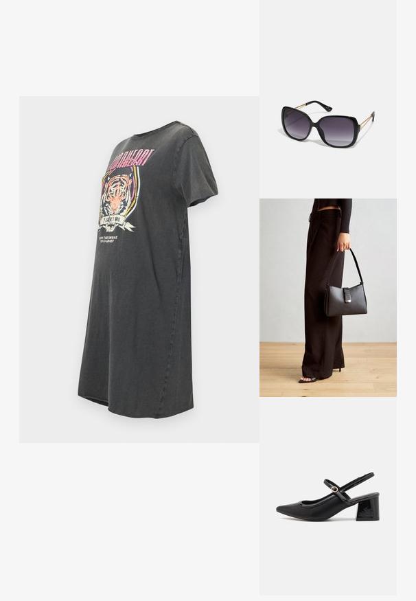 Czarnoszary, oversize t-shirt wykonany z bawełny, z grafiką tygrysa w wielokolorowych akcentach i okrągłym dekoltem.; Czarne lakierowane czółenka na słupku ze spiczastym noskiem, lekko zaokrąglonym wycięciem i obcasem w kształcie bloku. Posiadają złotą klamrę jako akcent dekoracyjny.; Czarne oversize okulary przeciwsłoneczne z gradientowymi soczewkami, grubymi oprawkami i złotym łańcuszkiem na ramionach.; Czarna torebka o usztywnionym kształcie, gładkiej fakturze i metalowym zapięciem. Połączona z szerokimi czarnymi spodniami i sandałami na otwartym palcu na drewnianej podłodze.