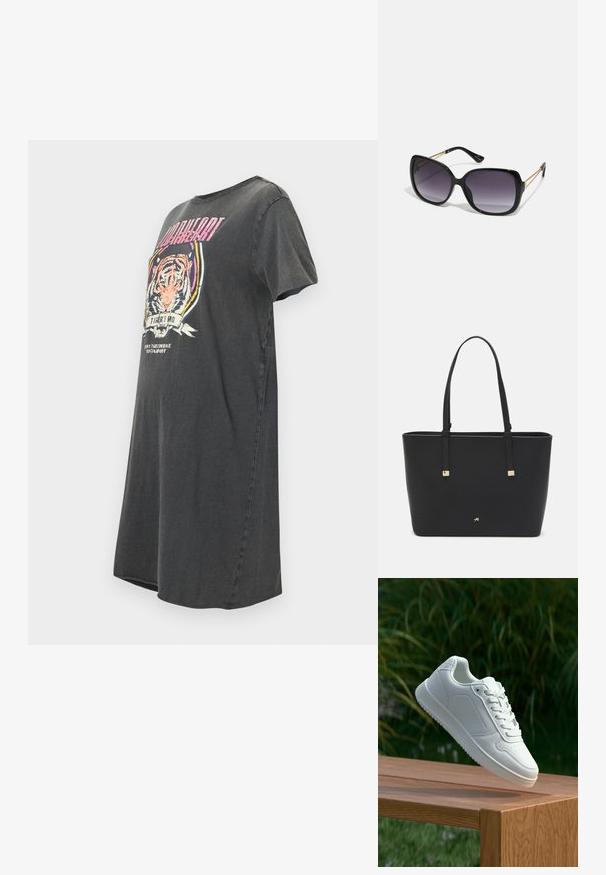 Tmavošedé nadrozmerné tričko vyrobené z bavlny, so vzorom tigra a niekoľkými farebnými akcentmi, s okrúhlym výstrihom.; Biele tenisky s hladkým syntetickým zvrškom, perforovanou špičkou, plochými šnúrkami a textúrovanou podrážkou, vystavené na drevenej ploche.; Čierne oversized slnečné okuliare s gradientovými sklíčkami, hrubými rámami a zlatým retiazkovým detailom na stranách.; Čierna taška na rameno vyrobená z syntetického materiálu, s jednoduchým obdĺžnikovým dizajnom, zlatými štvorcovými akcentami a dvojitými uchami.