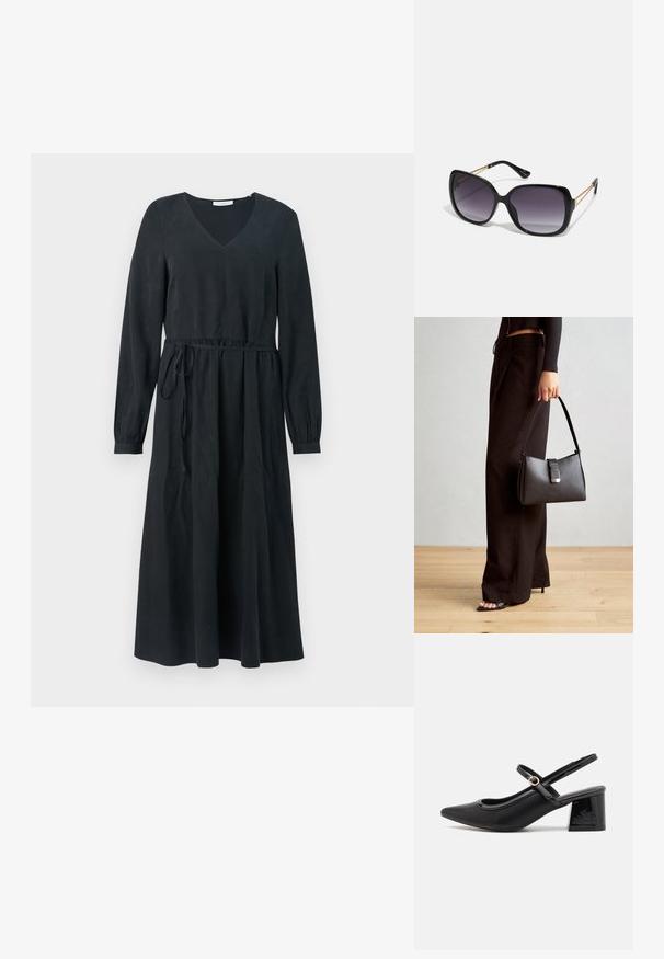 Schwarzes langärmeliges Kleid mit V-Ausschnitt, taillierten Bund und Kordelzug. Glatte Textur, knielanger Rock und fließendes Design.; Schwarze Lackleder-Slingback-Absätze mit spitzer Zehenform, einem runden Ausschnitt-Design und einem Blockabsatz. Mit einem goldfarbenen Schnallenakzent.; Schwarze übergroße Sonnenbrille mit getönten Gläsern, dicken Rahmen und goldfarbener Kettendetaillierung an den Bügeln.; Schwarze Handtasche mit strukturierter Form, glatter Textur und einem metallischen Verschluss. Kombiniert mit weiten schwarzen Hosen und offenen Sandalen auf einem Holzboden.