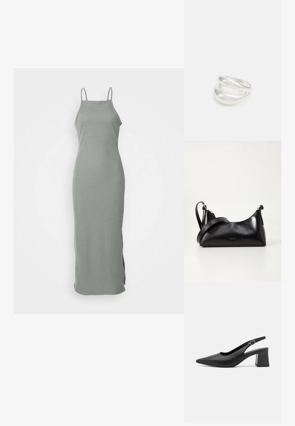 Szara, prążkowana sukienka maxi z cienkimi ramiączkami, charakteryzująca się prostym krojem i bocznymi rozcięciami dla wygody ruchu. Miękka faktura.; Czarne skórzane półbuty na obcasie z wysmukłym noskiem i masywnym słupkowym obcasem. Posiadają regulowany pasek z metalową klamrą.; Czarna skórzana torebka o gładkiej fakturze. Posiada regulowany pasek oraz elegancki, minimalistyczny design z zamek błyskawicznym.; Srebrna obrączka podwójna z gładką, polerowaną powierzchnią. Posiada płynny, zakrzywiony kształt z nakładającymi się sekcjami, co nadaje nowoczesny wygląd.; Srebrna obrączka podwójna z gładką, polerowaną powierzchnią. Posiada płynny, zakrzywiony kształt z nakładającymi się sekcjami, co nadaje nowoczesny wygląd.; Srebrna obrączka podwójna z gładką, polerowaną powierzchnią. Posiada płynny, zakrzywiony kształt z nakładającymi się sekcjami, co nadaje nowoczesny wygląd.