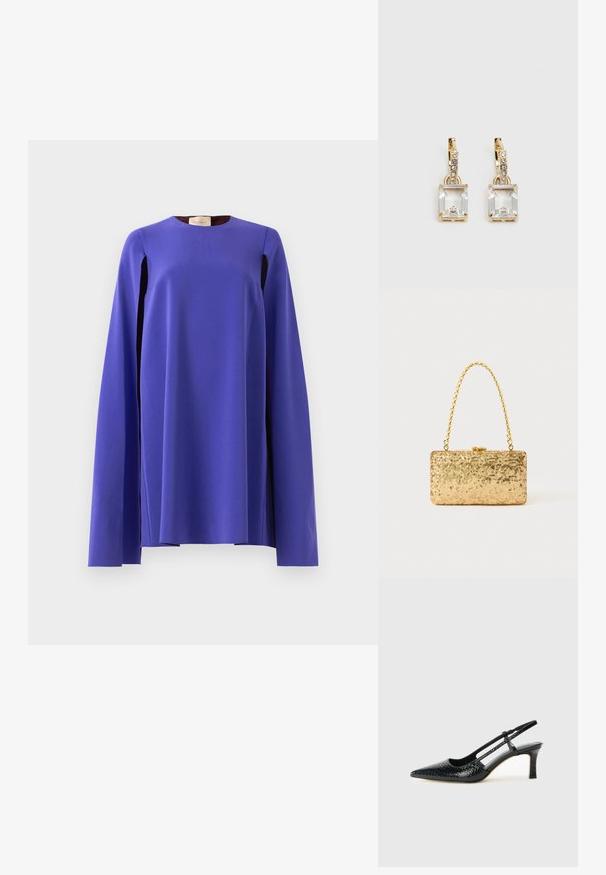 Vestido de manga comprida, roxo vibrante, com mangas largas e fluídas a pender soltas, exposto sobre um fundo simples cinza claro.; Salto slingback em patente preta com bico apontado, apresentando um padrão de pele de cobra texturizado, tira ajustável e um salto bloco curto e texturizado.; Clutch dourada em lantejoulas com formato retangular, apresentando uma alça de corrente torcida e um fecho de metal, refletindo a luz com um acabamento texturizado.; Brincos em tom de ouro com um cristal retangular claro pendurado abaixo de uma linha de pequenos acentos redondos claros. Design elegante e moderno.