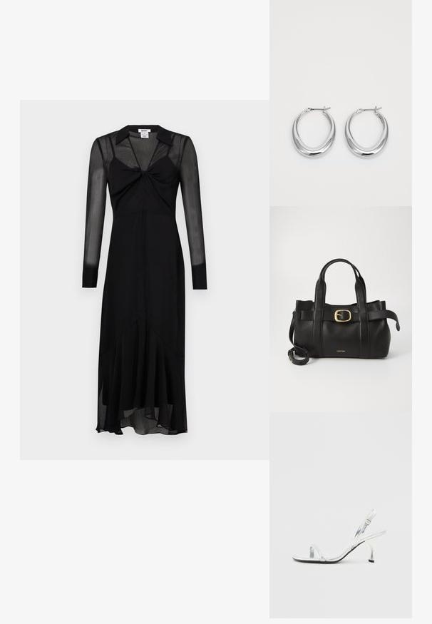 Melnas garajām piedurknēm kleitas ar pieguļošu augšu, sasietu detaļu priekšpusē un izplestu apakšu. Izgatavota no caurspīdīga, viegla auduma.; Sudraba lakota ādas slingback augstpapēžu sandales ar šauru pirkstu siksniņu, regulējamu sprādzi un smalku papēdi.; Melnas ādas rokassoma ar strukturētu dizainu, divām augšējām rokturām, zelta toņa sprādzes akcentu un iegravētu zīmola logo priekšpusē.; Pulētas sudraba pusmēness formas auskaru pāris ar eņģu sprādzēm uz balta fona.