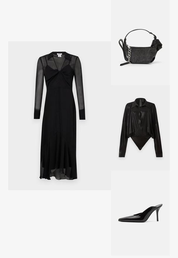 Crna haljina dugih rukava s prilagođenim tijelom, čvorastim detaljem sprijeda i lepršavim rubom. Izrađena od prozirnog, laganog materijala.; Crni bodi s dugim rukavima, V-izrezom i prilagođenim siluetom. Izrađen od sjajnog, glatkog materijala s strukturiranim ovratnikom i manžetama.; Crne lakirane kožne visoke potpetice mule s šiljastim prstom i elegantnom siluetom, s otvorenom poleđinom i vitkom stiletto potpeticom.; Crna torbica s ukrasima od studenaca, lančanim remenom i glatkom kožnom drškom, zaobljenog oblika i zatvorenim odjeljkom na zip.