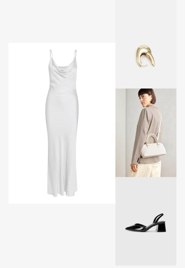 Fehér, spaghetti-pántos ruha, kerek nyakkivágással, testhez simuló sziluettel és puha, sima textúrával. Padlóhosszan, látható minták vagy hardver nélkül.; Fekete lakk bőr szandálkés magas sarkú cipő, hegyes orral és geometrikus tömbsarkakkal. Karcsú, minimalista dizájn és sima textúra jellemzi.; Fehér, strukturált kézitáska rövid füllel és vállpánttal, arany színű fém kiegészítőkkel és texturált anyagból, szürke háttér előtt bemutatva.; Aranyszínű fém fülbevaló, elegáns, ívelt formával. Különleges hegyes alak, fényes felszín és zsanéros záródás jellemzi.