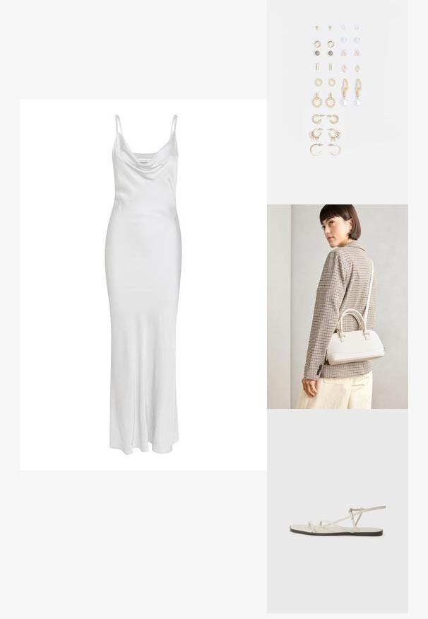 Rochie albă, cu bretele tip spaghetti, cu decolteu rotunjit, siluetă mulată și textură moale, netedă. Lungime până la podea, fără modele vizibile sau accesorii metalice.; Sandalie plate bej cu multiple bretele subțiri și o cataramă ajustabilă. Talpa este plată, cu un ușor contrast întunecat la margine.; Geantă structurată albă, cu mânere scurte și curea de umăr, având accente din metal aurit și material texturat, expusă pe un fundal gri.; Set de cercei aurii, cu diverse designuri, inclusiv cercei tip stud, cercei hoop și cercei lungi cu perle și strassuri.