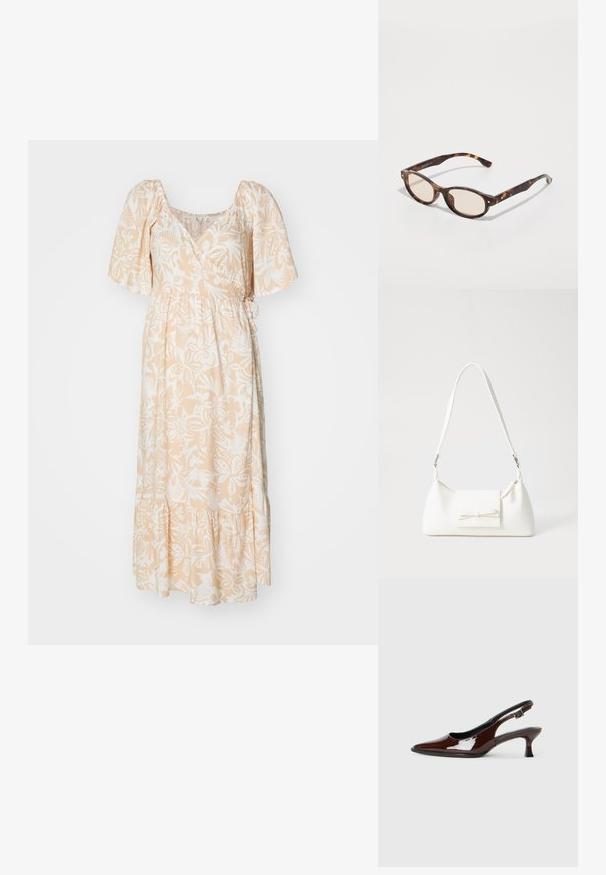 Maxikjole i lys ferskenfarvet stof med hvide blomster mønstre, korte puffærmer, en indsnævret talje og en flæse-i-bunden.; Brun patenteret læder slingback sko med spids tå og en moderat hæl. Har en spænde rem for en sikker pasform. Glat tekstur.; Skildpaddevmønster solbriller med rund form og lys linse. Har solide arme med små guld accenter, lavet af plastmateriale.; Hvid syntetisk håndtaske med en trekantet form, flad forsideklap og sløjfedetalje, justerbar strop, glat tekstur og minimalistisk design.; Blanket beige bangle lavet af glat harpiks. Rund form med en ensartet overflade og et lille guld logo indeni.